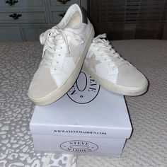 Steve Madden. Size 8. White, Grey, And Silver Colored. White Flat Heel Everyday Sneakers, White Flat Heel Sneakers For Everyday, Chic White Flat-heeled Sneakers, Chic White Low-top Sneakers, Steve Madden Shoes, White Silver, Steve Madden, New Color, Women Shoes