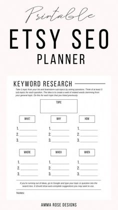 the ultimate etsy seo planner is shown in black and white, with text overlay