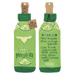 two green bottles with labels on them that read recipe for tequila and margarita, one has a slice of lime in it