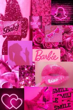 a collage of pink and black images with the word barbie on them, including lipstick