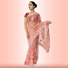 Lightweight Net saree with Contrast Blouse Saree With Contrast Blouse, Saree Drapes, Reception Outfits, Reception Saree, Resham Embroidery, Ready To Wear Saree, Net Saree, Sari Blouse, Contrast Blouse