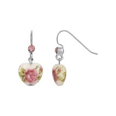 This lovely set of 1928 earrings features light rose pink crystals above heart drops with flower decal. This lovely set of 1928 earrings features light rose pink crystals above heart drops with flower decal. FEATURES Dimensions: 28 mm x 14 mm Backings: fishhook Metal: alloy Plating: silver tone Finish: polished Material: acrylic, crystal Size: One Size. Gender: female. Age Group: adult. Pattern: floral. Chic Fashionista, 1928 Jewelry, Floral Decal, Hearts And Roses, Vintage Inspired Jewelry, Cameo Jewelry, Light Rose, Heart Drop Earrings, Rose Lights