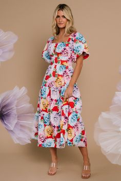 Red Printed Floral Dress For Spring, Red Floral Dress For Brunch, Red Floral Print Midi Dress For Garden Party, Red Floral Print Dress For Vacation, Red Midi Floral Dress, Red Floral Dress For Vacation, Vibrant Red Floral Print Dress, Red Floral Print Midi Dress For Spring, Red Floral Short Sleeve Dress For Vacation