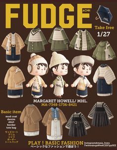 an advertisement for fudge featuring children's clothes and hats, with the title