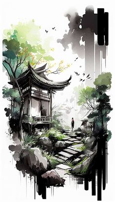 an artistic painting of a person standing in front of a pagoda with birds flying around