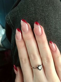 Red And Gold French Tip Nails Almond, Red Pink Gold Nails, Red Nails For Wedding Guest, Nails To Go With A Red Prom Dress, Gel Nails Ideas Christmas Simple, Red Prom Dress Nails Ideas, Nails To Match Red Dress Prom, French Red Nails Ideas, Red Nail Designs Prom Short