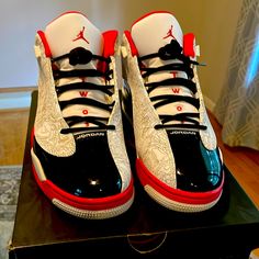 New Used Once Hardly Worn Still In New Condition. Beautiful Design On The Sides. In Original Box. Jordan Shoes For Men, Jordan Red, Shoes Jordan, Black And White Color, Jordans For Men, Shoes For Men, Jordan Shoes, Mens Shoes Sneakers, White Color