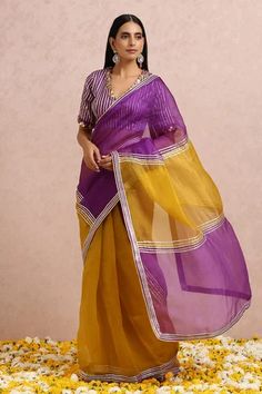 Shop for Label Nitika Yellow Organza Color Block Saree With Blouse for Women Online at Aza Fashions Purple Art Silk Traditional Wear With Sheer Dupatta, Designer Chanderi Blouse Piece In Purple, Designer Purple Chanderi Blouse Piece, Purple Traditional Wear With Unstitched Blouse In Tissue Silk, Purple Semi-stitched Cotton Silk Traditional Wear, Purple Tissue Silk Blouse Piece For Diwali, Bollywood Style Cotton Silk Traditional Wear In Purple, Bollywood Style Purple Cotton Silk Traditional Wear, Purple Anarkali Tissue Silk Blouse Piece