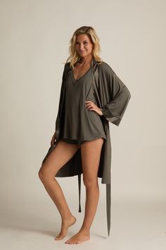 Our Kimono robe is new and improved. Same classic kimono inspired look. Same soft-as-butter bamboo fabric. Enhanced shape and silhouette with a more fitted shoulder line, inside ties to keep you covered, and pockets for your beauty secrets. The wide satin trim tops off this elegant Bamboo robe, making it the perfect dressing gown or quick throw-over for when guests show up early for coffee. Wide satin trim on the cuffs and neckline add elegance to this basic cozy robe with side pockets and insid Bell Sleeves Top, Kimono Wrap, Soft Pink Color, Throw Over, Trim Top, New And Improved, Fine Yarn, Bamboo Fabric, Dressing Gown