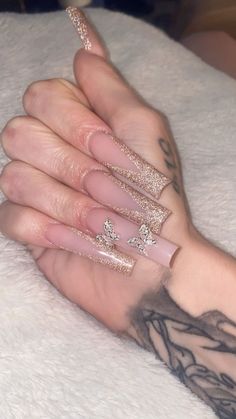 Long, Glittery, Acrylic nails Long French Tip Nails Coffin Glitter, Glitter French Tips Long, Long Sparkly French Tip Nails, Gold French Tip Nails Long, Long Gold French Tip Nails, Glittery Acrylic Nails, Nail Inspo, Acrylic Nails, Nails