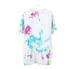 Vintage multicoloured Fruit Of The Loom T-Shirt - mens x-large Cotton Graphic Tee With Paint Splatter, Graphic Cotton T-shirt With Paint Splatter, Paint Splatter Graphic Tee In Cotton, Summer Short Sleeve T-shirt With Paint Splatter, Multicolor Crew Neck T-shirt With Paint Splatter, Multicolor Paint Splatter Crew Neck T-shirt, White Short Sleeve T-shirt With Paint Splatter, Acid Wash Cotton T-shirt With Paint Splatter, Casual Multicolor Paint Splatter T-shirt