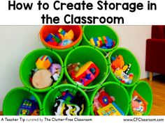 a stack of green buckets filled with toys on top of a wooden floor