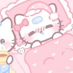 an image of a hello kitty sleeping in bed with her teddy bear and coffee cup