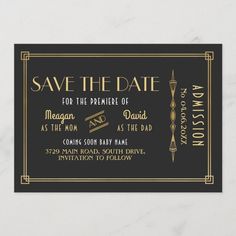 a black and gold save the date card with an art deco design on it's front