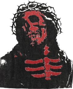 a black and red drawing of a man with a crown on his head, holding a knife