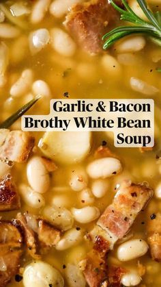 white bean soup with bacon and garlic in a bowl