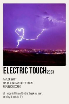 an advertisement for electric touch 2013 with lightning in the sky and city lights behind it