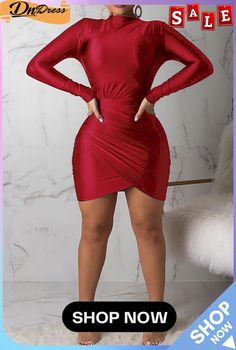 Burgundy Fashion Sexy Solid Fold Half A Turtleneck Long Sleeve Dresses Long Sleeve Bandage Dress, Long Sleeve Turtleneck Dress, Burgundy Fashion, Turtleneck Long Sleeve, Long Sleeve Dresses, Green Long Sleeve, Vestidos Vintage, Mini Cocktail Dress, Sleeve Dresses