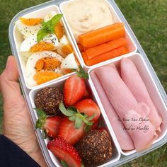 a person holding a plastic container filled with different types of fruit and veggies