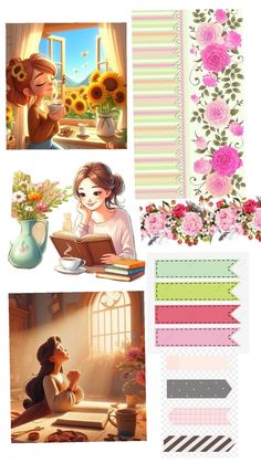 some pictures with flowers and books on them