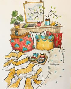 a drawing of a bed with pillows and blankets