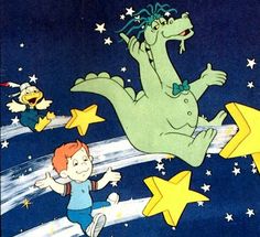 an image of children flying in the sky with dinosaurs and stars around them on a blue background