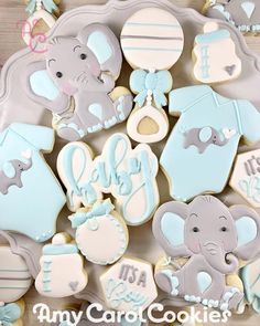 baby shower cookies with blue and gray icing