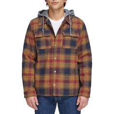 Give your outerwear collection a stylish upgrade with this versatile Men's Levi's Plaid Fleece Hooded Shirt Jacket. Click on this MEN'S GUIDE to find the perfect fit and more! FEATURES Attached sherpa-lined drawstring hood Long sleeves Wind resistant design 2 front chest snap closure pockets, 2 hidden side seam pockets 1 interior pocket Midweight warmth rating Vented hemlineFIT & SIZING 29 3/4 in. from shoulder to hemFABRIC & CARE Cotton Polyester fill Machine wash delicate Imported Size: XL. Co Levi's Hooded Cotton Outerwear, Levi's Cotton Hooded Outerwear, Levi's Long Sleeve Outdoor Outerwear, Levi's Hooded Outerwear For Cold Weather, Levi's Hooded Outdoor Outerwear, Levi's Hooded Outerwear For Outdoor, Levi's Casual Hooded Outerwear, Casual Fleece Jacket With Detachable Hood, Plaid Hoodie Outfit