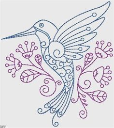 a hummingbird with swirls and flowers on it's wings is drawn in blue ink