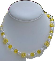 Yellow Pearl Beaded Necklaces As Gift, Handmade Yellow Pearl Necklaces, Yellow Pearl Jewelry Gift, Yellow Pearl Necklaces With Round Beads, Yellow Beaded Crystal Necklace For Gift, Food Necklace, Funky Necklace, Fruit Necklace, Lemon Fruit