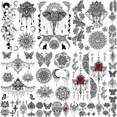 an assortment of temporary tattoos on white paper with black and red flowers, butterflies, and crescents