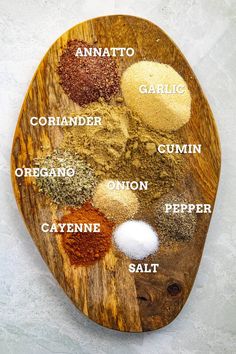 a wooden spoon filled with spices on top of a table