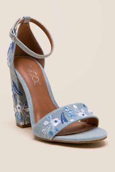 Slick Embroidered Denim Block Heel Heel Sandals Outfit, Embroidered Heels, Houston Fashion, Sandals Outfit, Studded Heels, Carrie Bradshaw, Embroidered Denim, Pretty Shoes, Dream Shoes