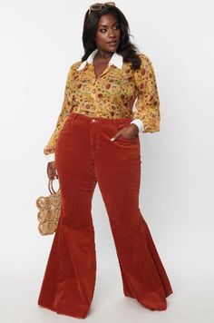 Plus Size Corduroy Pants - bell bottoms vintage inspired Plus Size Bell Bottoms Outfit, 70s Plus Size Fashion, Plus Size Corduroy Pants, Plus Size 70s Fashion, Plus Size Bell Bottoms, 70s Aesthetic Fashion, Plus Size Vintage Fashion, Plus Size Corduroy, 70s Women Fashion