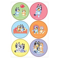 four stickers with cartoon characters on them in different colors and sizes, including one dog