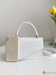 BirdinBag - Crocodile-Embossed Mini Flap Square Bag Leather Rectangular Bag With Single Handle, Rectangular Leather Bag With Single Handle, White Crocodile Pattern Shoulder Bag, White Rectangular Bag With Crocodile Pattern, White Crocodile Pattern Rectangular Bag, Square Crocodile Pattern Bag For Daily Use, Rectangular Shoulder Bag With Crocodile Pattern, Rectangular Clutch With Crocodile Pattern For Everyday Use, Rectangular Crocodile Pattern Shoulder Bag