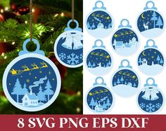 eight christmas ornaments hanging from a tree with the words 8 svg png eps dxf