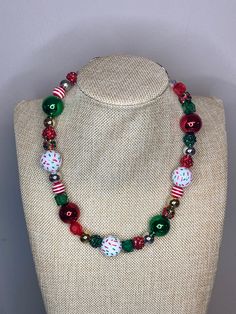 The necklace is 19 inches with 3-inch extender Red Beaded Christmas Jewelry, Red Christmas Jewelry With Colorful Beads, Festive Adjustable Round Bead Necklace, Adjustable Festive Necklace With Round Beads, Red Round Beads Jewelry For Christmas, Beaded Jewelry For Christmas Holiday, Beaded Jewelry For Christmas Celebrations, Festive Beaded Holiday Jewelry, Holiday Red Adjustable Jewelry