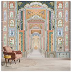 an ornate hallway with colorful walls and flooring is featured in this wallpaper mural