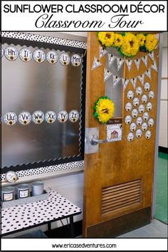 a classroom door decorated with sunflowers and decorations