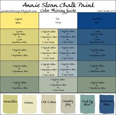 the color chart for annie sloan chalk paint in shades of blue, yellow and green