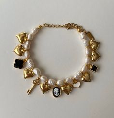 Natural pearls and gold plated charms are used. Length with extension chain is 19 cm. You can contact me to change size. Eclectic Jewelry, Victorian Vintage, Divine Design, Pearl Charms, Bracelet Handmade, Natural Pearls, Charm Bracelets, Vintage Boho, Stainless Steel Bracelet