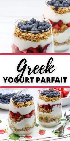 yogurt parfait with blueberries and strawberries on top in small glass jars