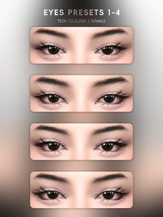 the eyes and eyebrows are shown in three different positions, including one with long lashes