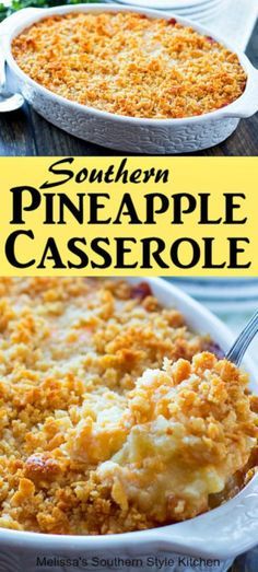 southern pineapple casserole in a white dish with the title overlay above it