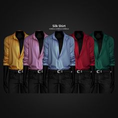 six different colored shirts with black belted pants