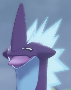 an animated image of a purple and blue pokemon with white hair, smiling at the camera