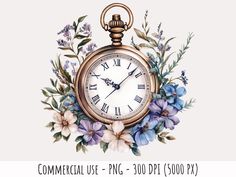 an image of a clock with flowers and leaves around it for commercial use png - 300 dpi