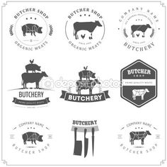 the logos for butchers are shown in different styles and colors, including black and white