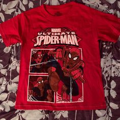 Never Worn But Has No Tags A Youth Sized Spider-Man Graphic Tee Red Crew Neck Shirt With Cartoon Print, Red Cartoon Print Graphic Tee, Fun Red Shirt With Cartoon Print, Spiderman Baby Tee, Spider Man Shirt, Junk Drawer, Basic Tee, Mens Graphic Tee, Men Boys